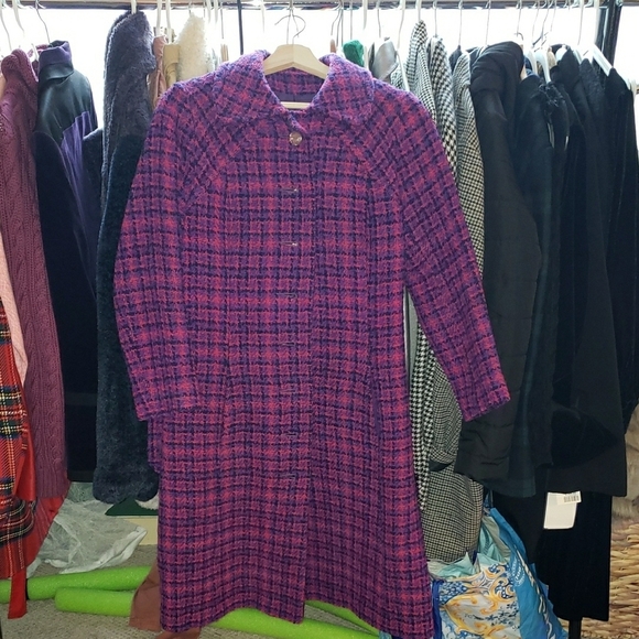 Vintage Pink and Purple Plaid Buttoned Trench Coat Wool - Picture 1 of 9